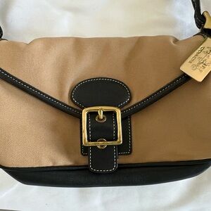 Coach Tan and Black Shoulder Bag with Gold Buckle Accent